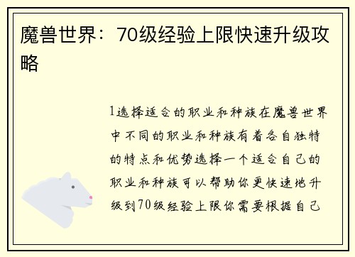 魔兽世界：70级经验上限快速升级攻略